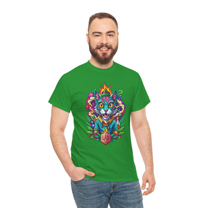 Psychedelic Flame Cat Graphic Tee — Colorful Trippy Cat Design