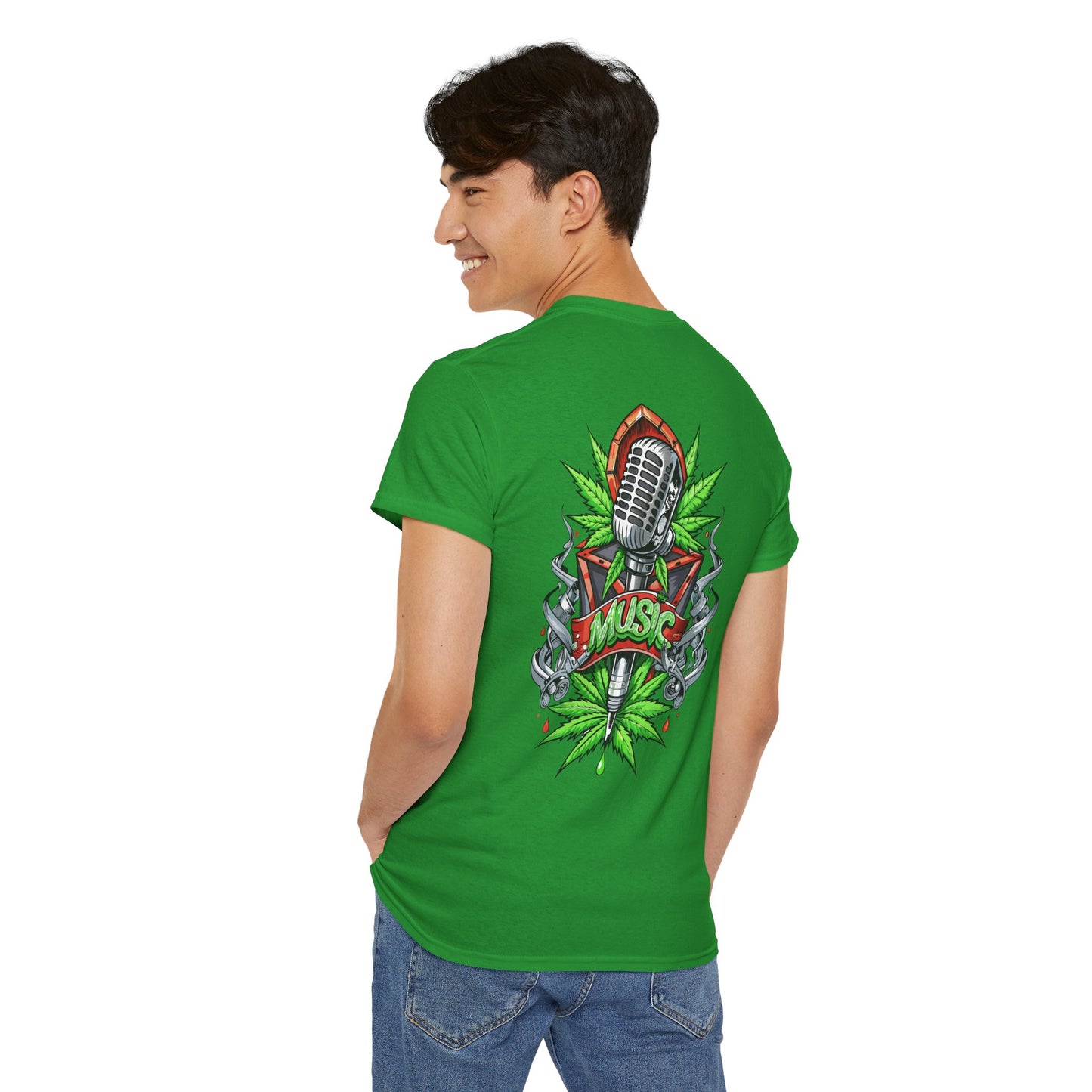 Music Microphone Tee — Retro Mic & Leaf Graphic T-Shirt