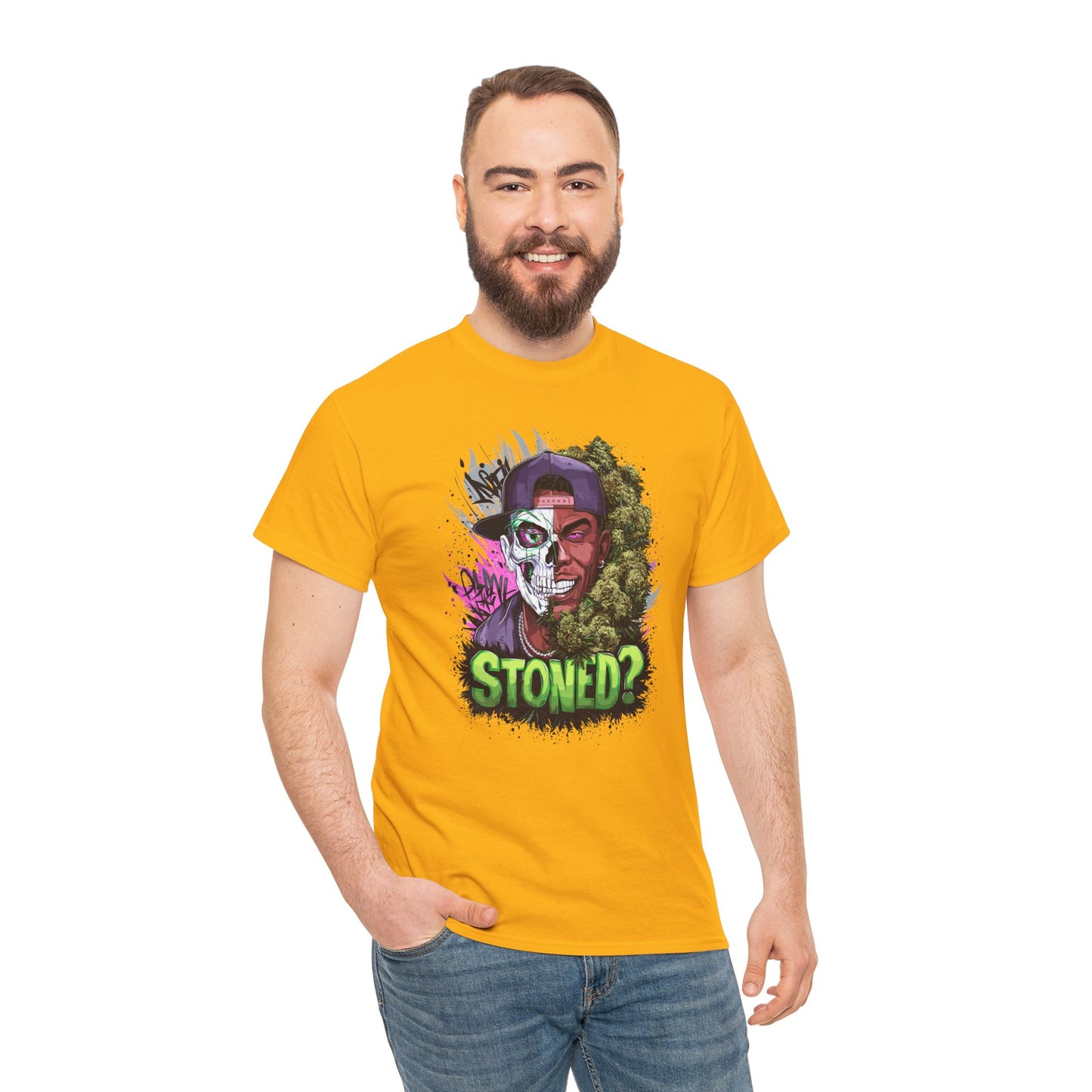 T-Shirt — 'Stoned?' Skull Face Graphic Tee for Cannabis Lovers