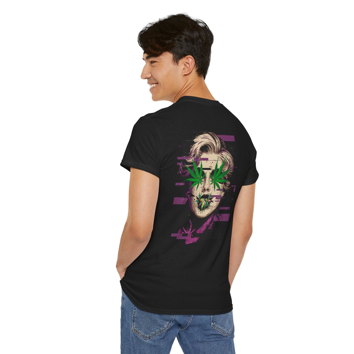 Vintage Portrait Tee — Glitch Art Face with Cannabis Leaf Mask