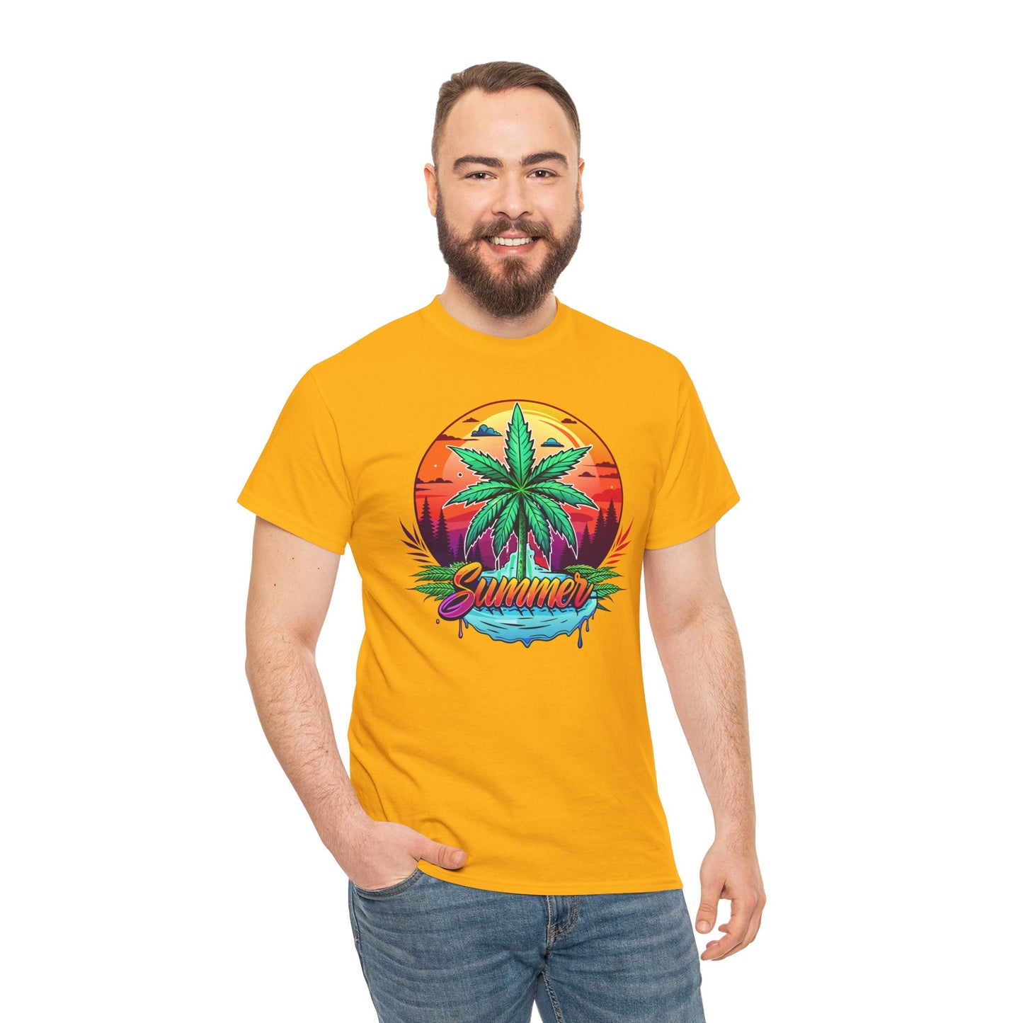 Summer Cannabis Leaf T-Shirt – Retro Tropical Sunset Tee