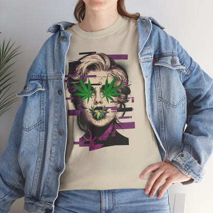 Vintage Portrait Tee — Glitch Art Face with Cannabis Leaf Mask