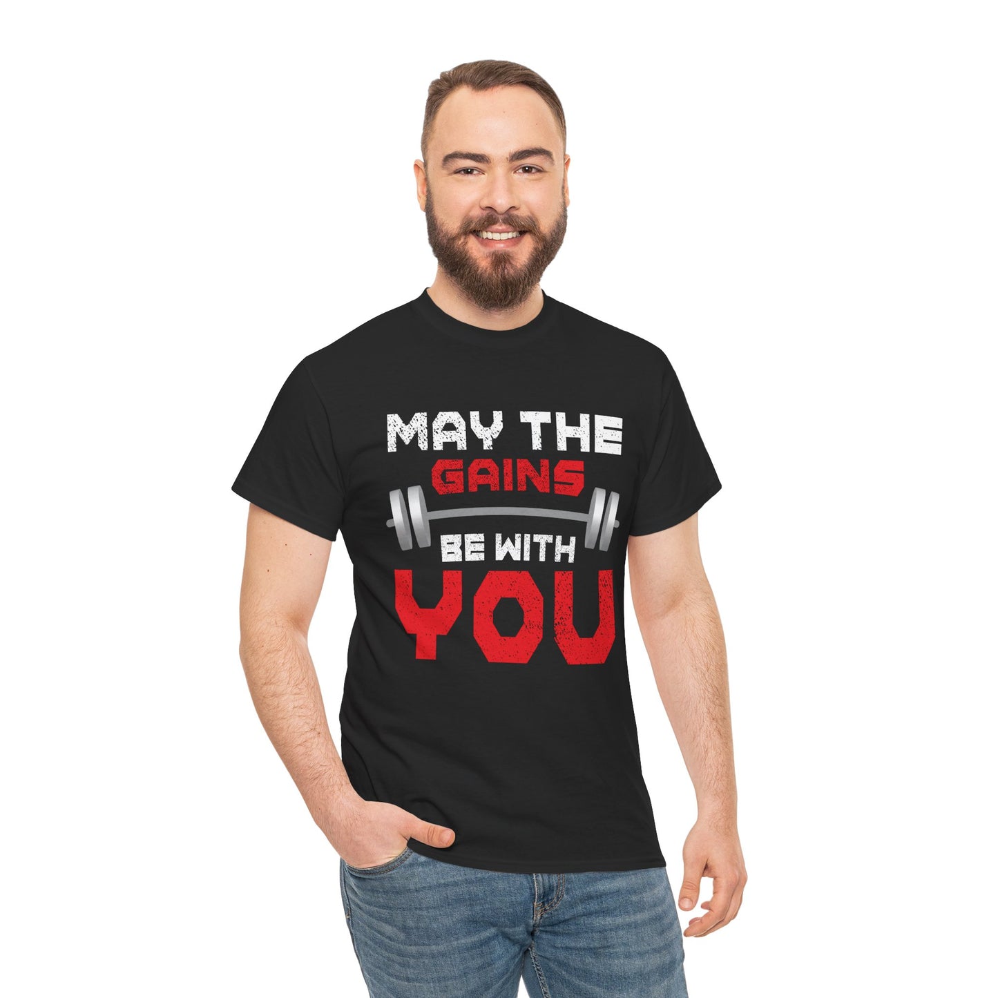 Motivational Gym Tee - 'May the Gains Be With You' - Unisex Heavy Cotton T-Shirt