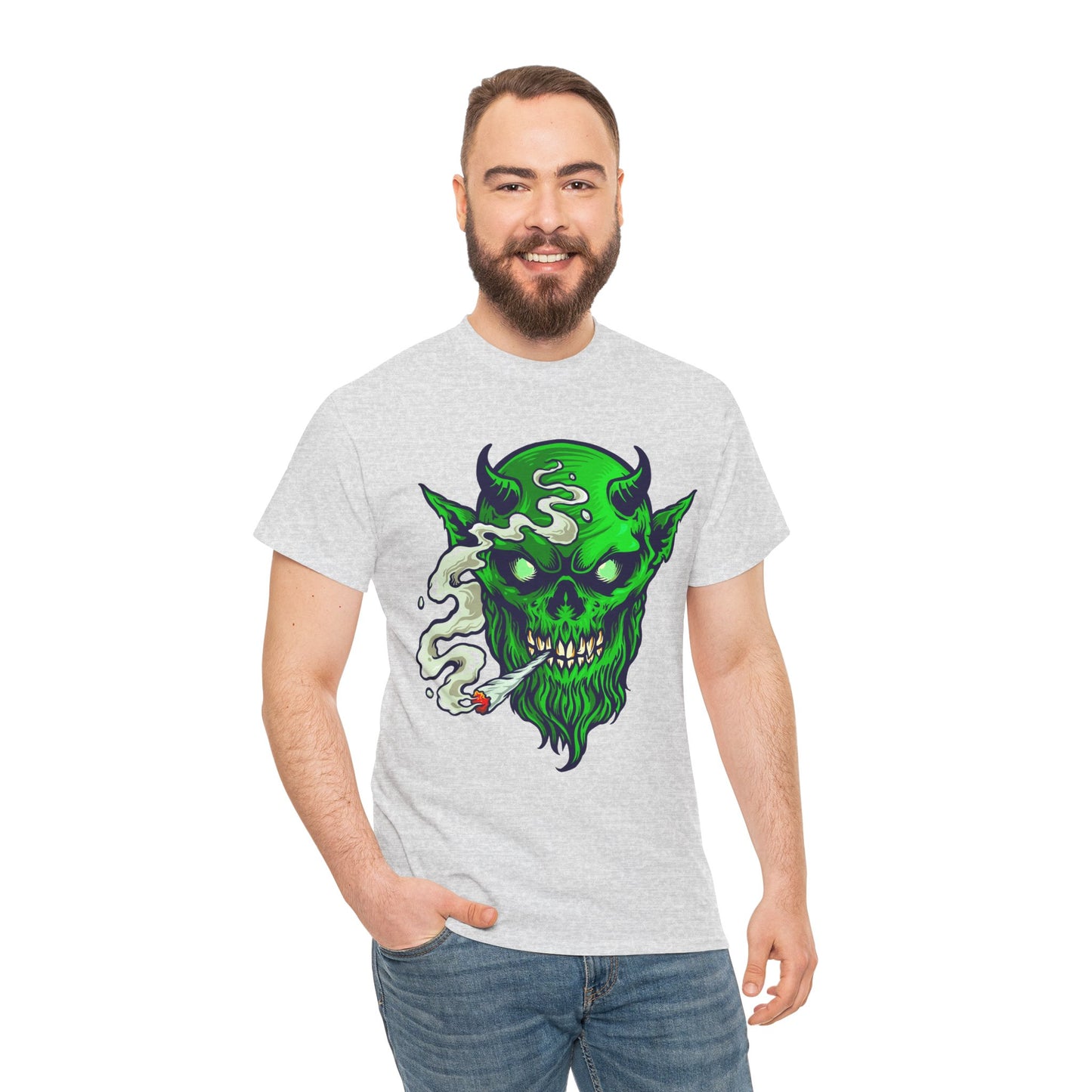 Smoking Green Demon Skull T-Shirt — Creepy Stoner Graphic Tee