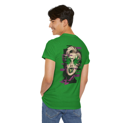 Vintage Portrait Tee — Glitch Art Face with Cannabis Leaf Mask