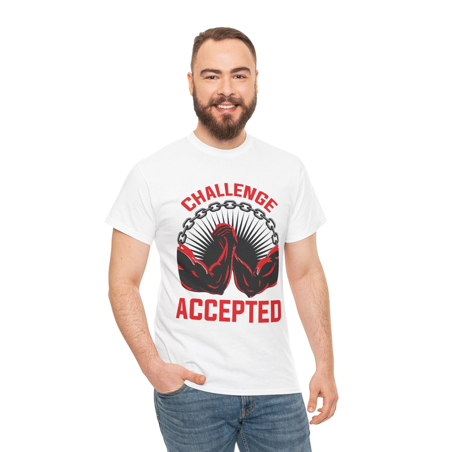 Motivational Unisex Heavy Cotton Tee - 'Challenge Accepted' Fitness Shirt White