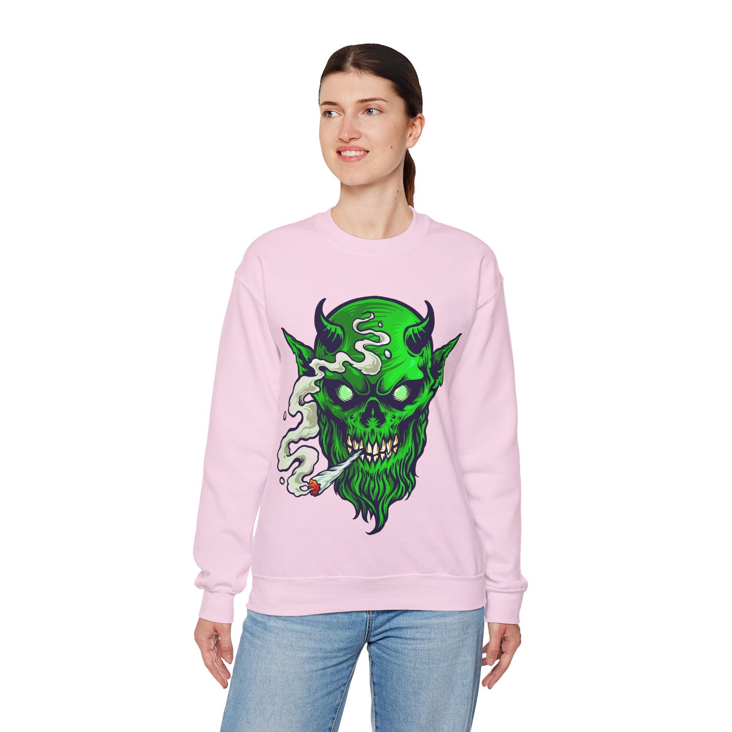 Smoking Green Demon Skull Sweatshirt — Creepy Stoner Graphic