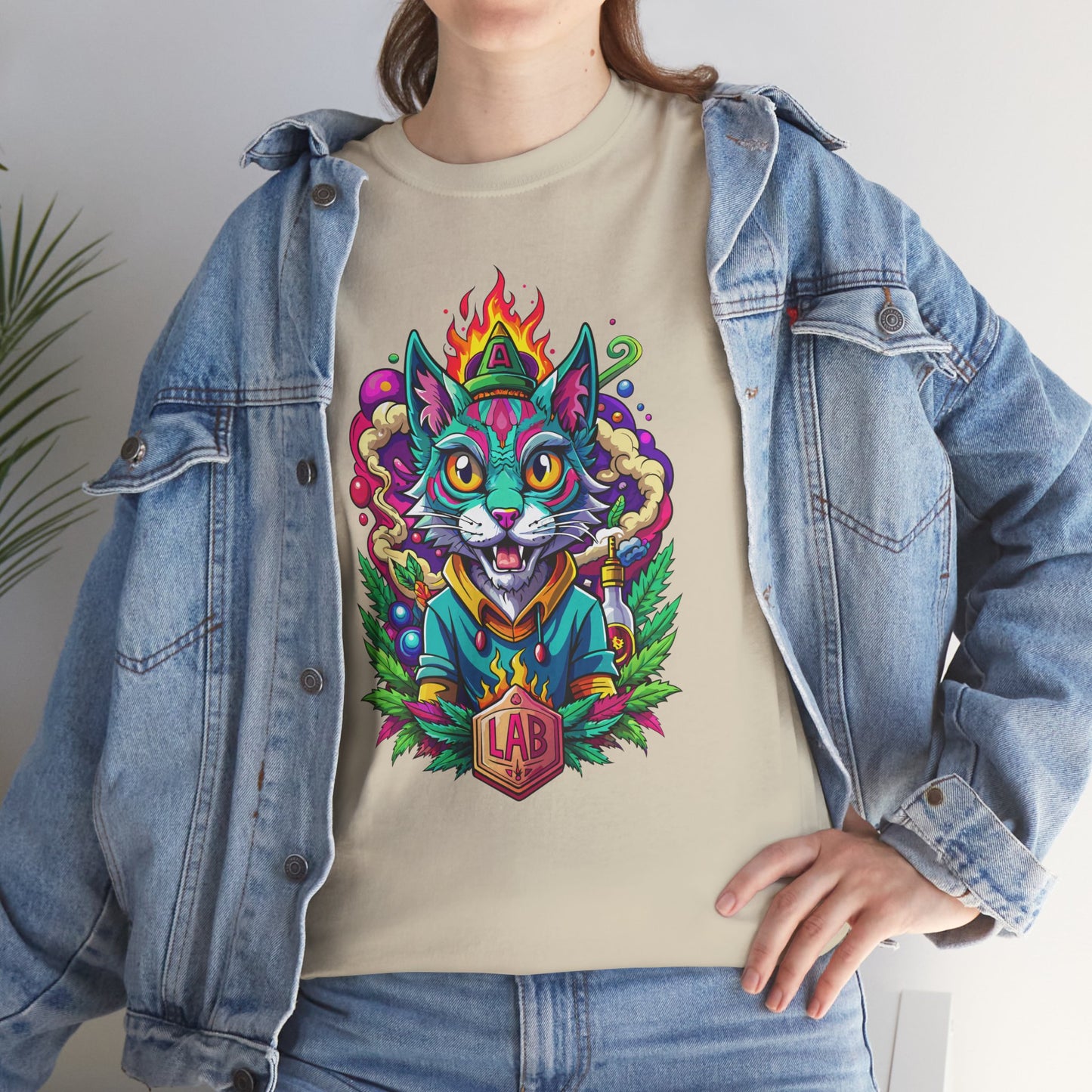 Psychedelic Flame Cat Graphic Tee — Colorful Trippy Cat Design