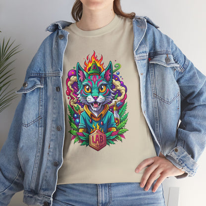 Psychedelic Flame Cat Graphic Tee — Colorful Trippy Cat Design