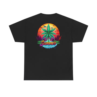 Summer Cannabis Leaf T-Shirt – Retro Tropical Sunset Tee Both