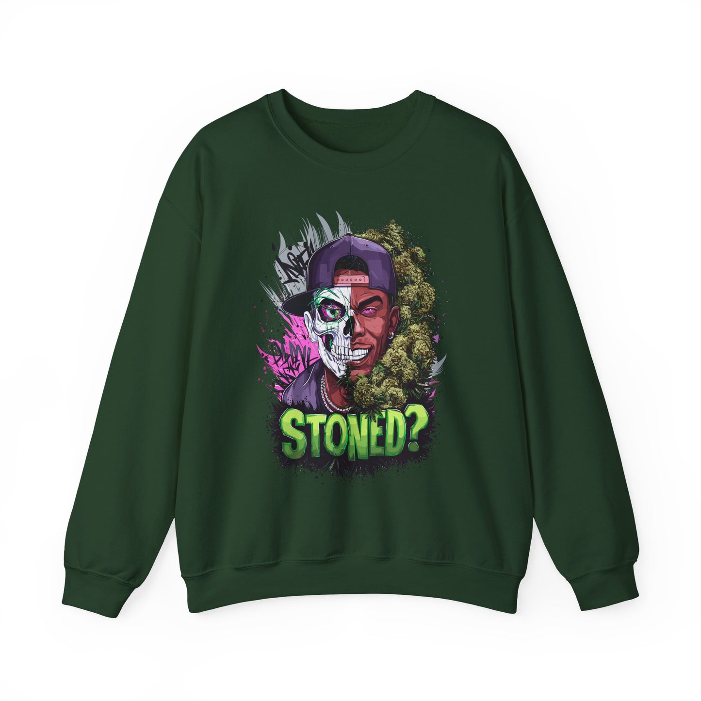 Sweatshirt— 'Stoned?' Skull Face Graphic for Cannabis Lovers
