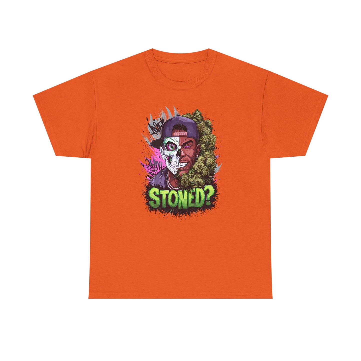 T-Shirt — 'Stoned?' Skull Face Graphic Tee for Cannabis Lovers