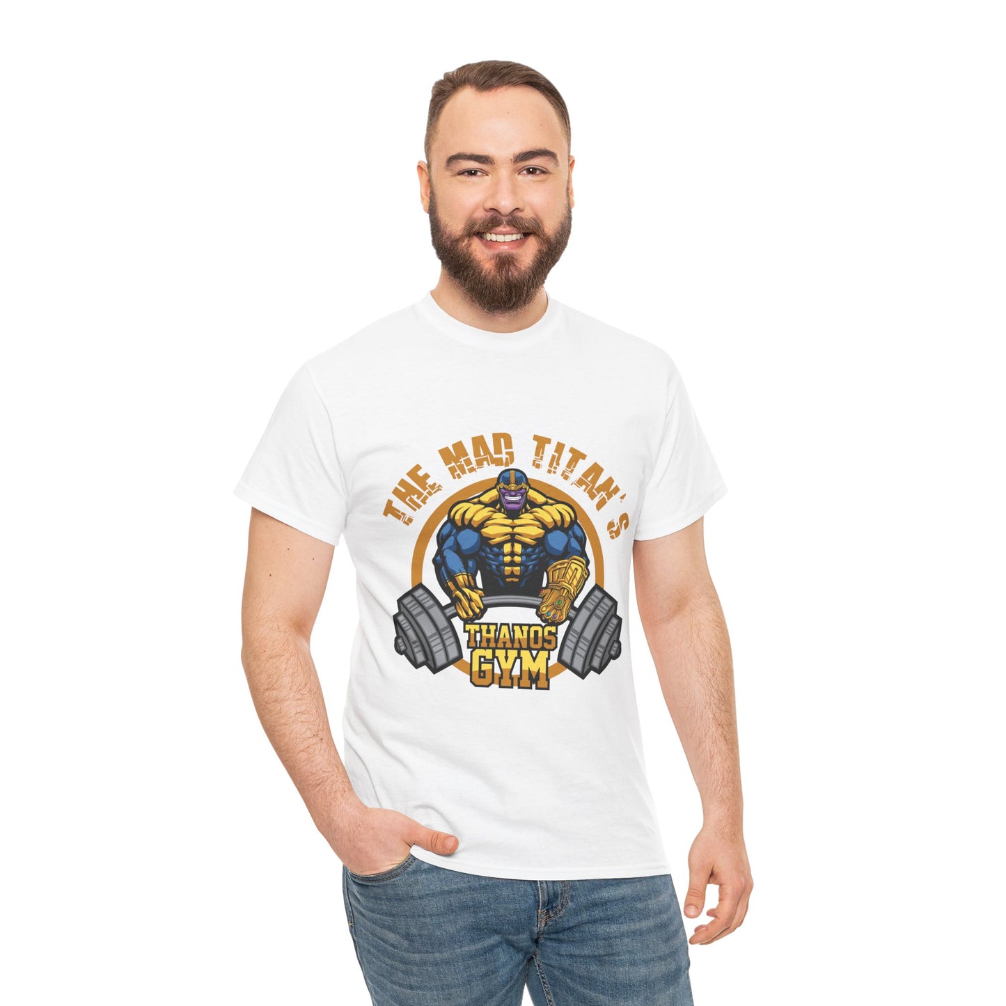 Comic-Inspired Unisex Heavy Cotton Tee - Thanos Gym Print White