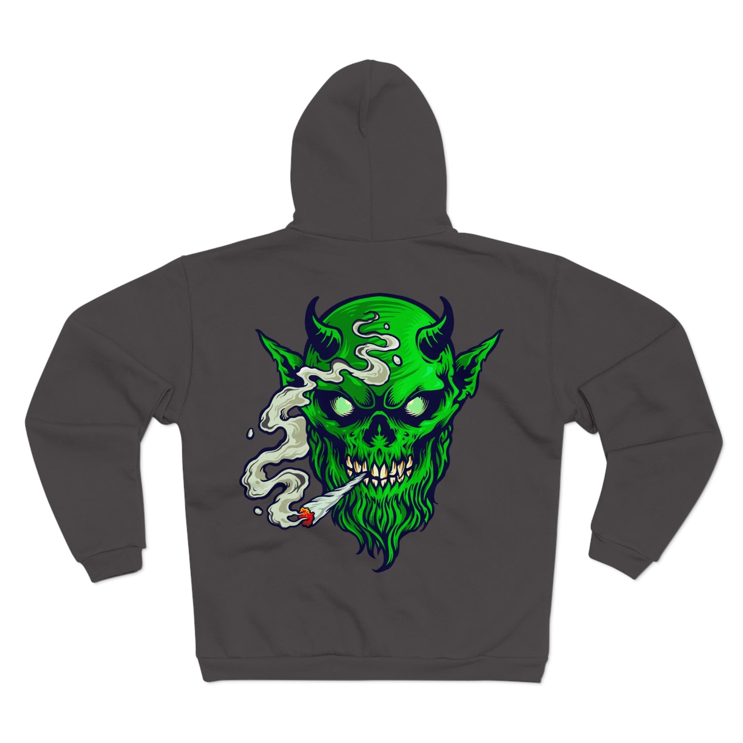 Smoking Goblin Zip Hoodie — Neon Green Demon Skull Back Graphic