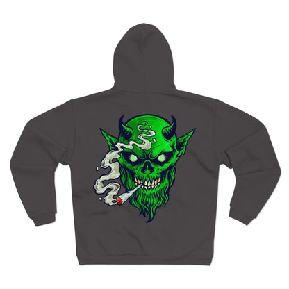 Smoking Goblin Zip Hoodie — Neon Green Demon Skull Back Graphic