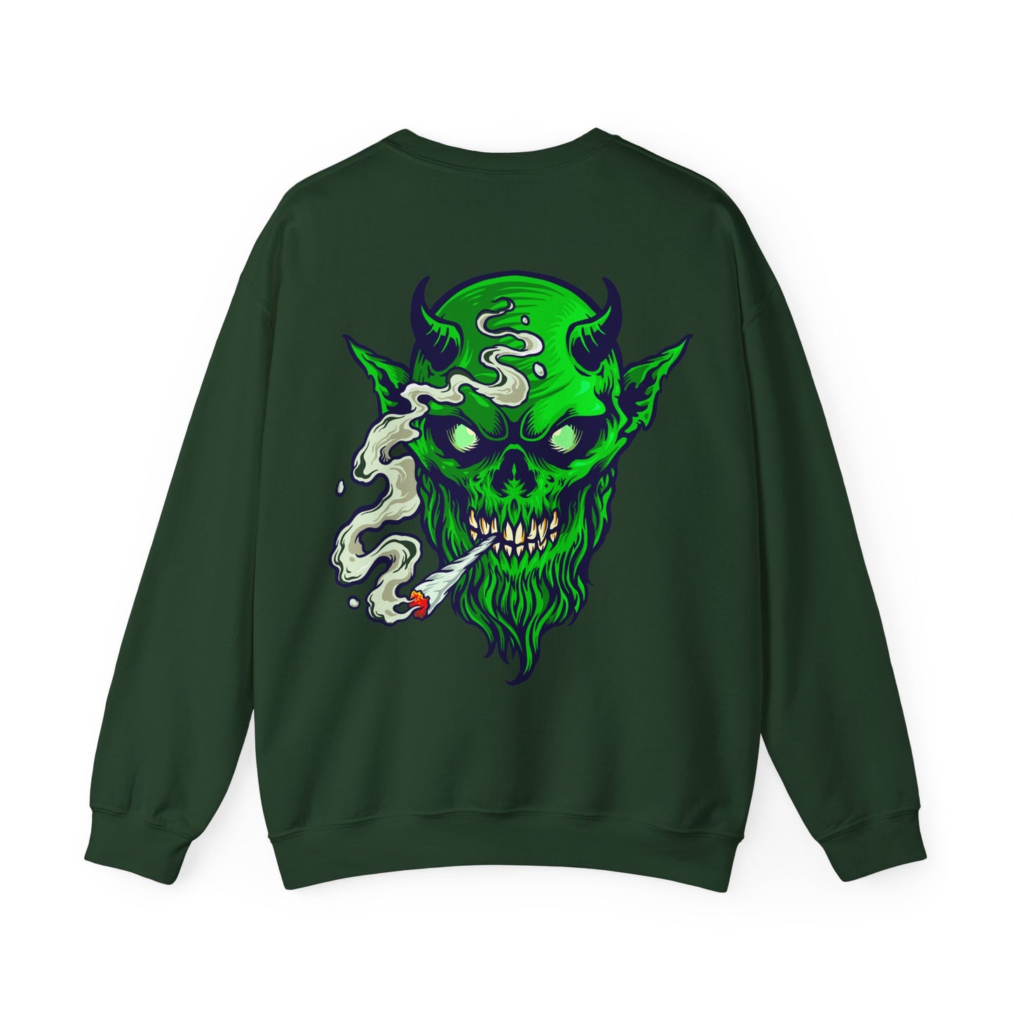 Smoking Green Demon Skull Sweatshirt — Creepy Stoner Graphic
