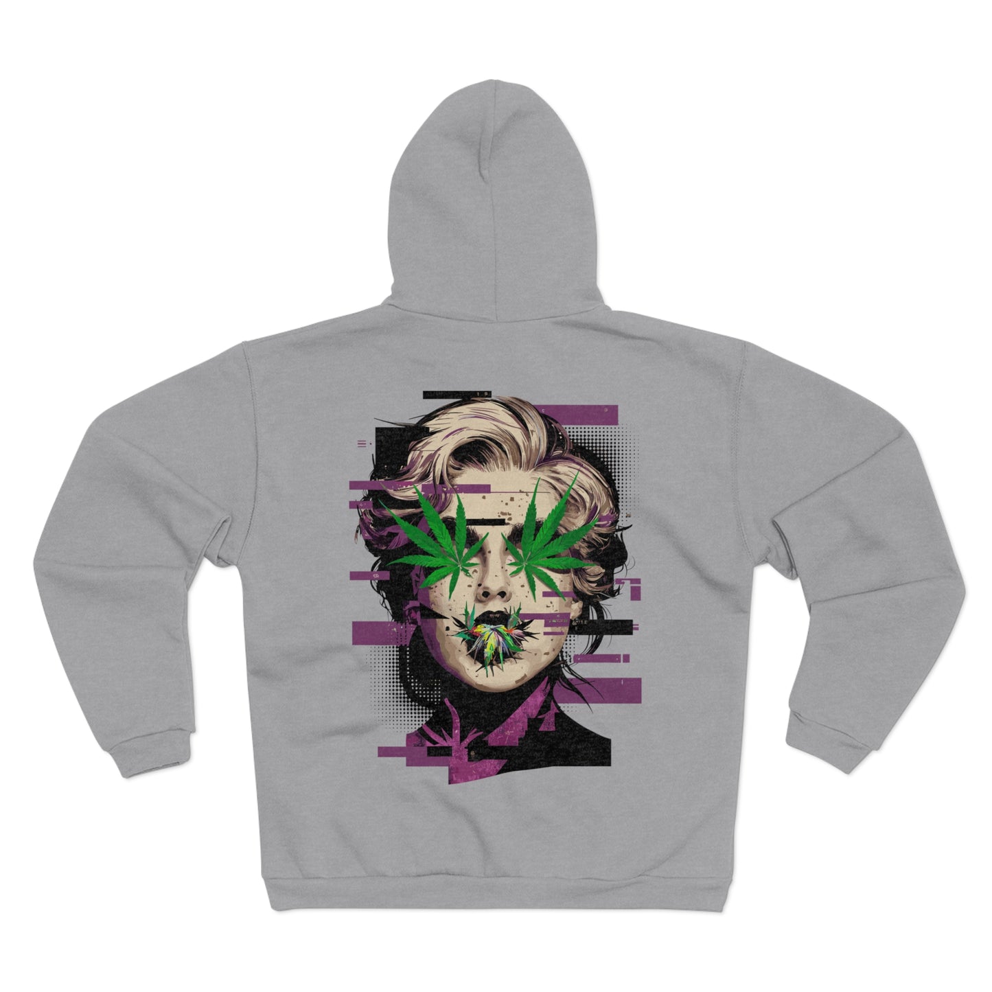 Vintage Portrait Zip Hoodie — Glitch Art Face with Cannabis Leaf Mask