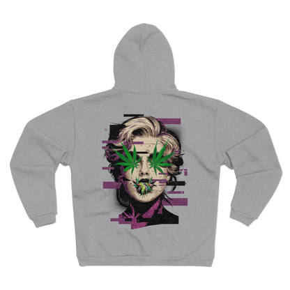 Vintage Portrait Zip Hoodie — Glitch Art Face with Cannabis Leaf Mask
