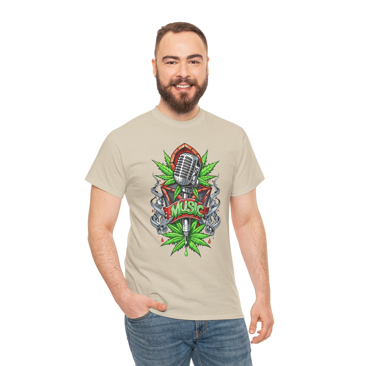 Music Microphone Tee — Retro Mic & Leaf Graphic T-Shirt