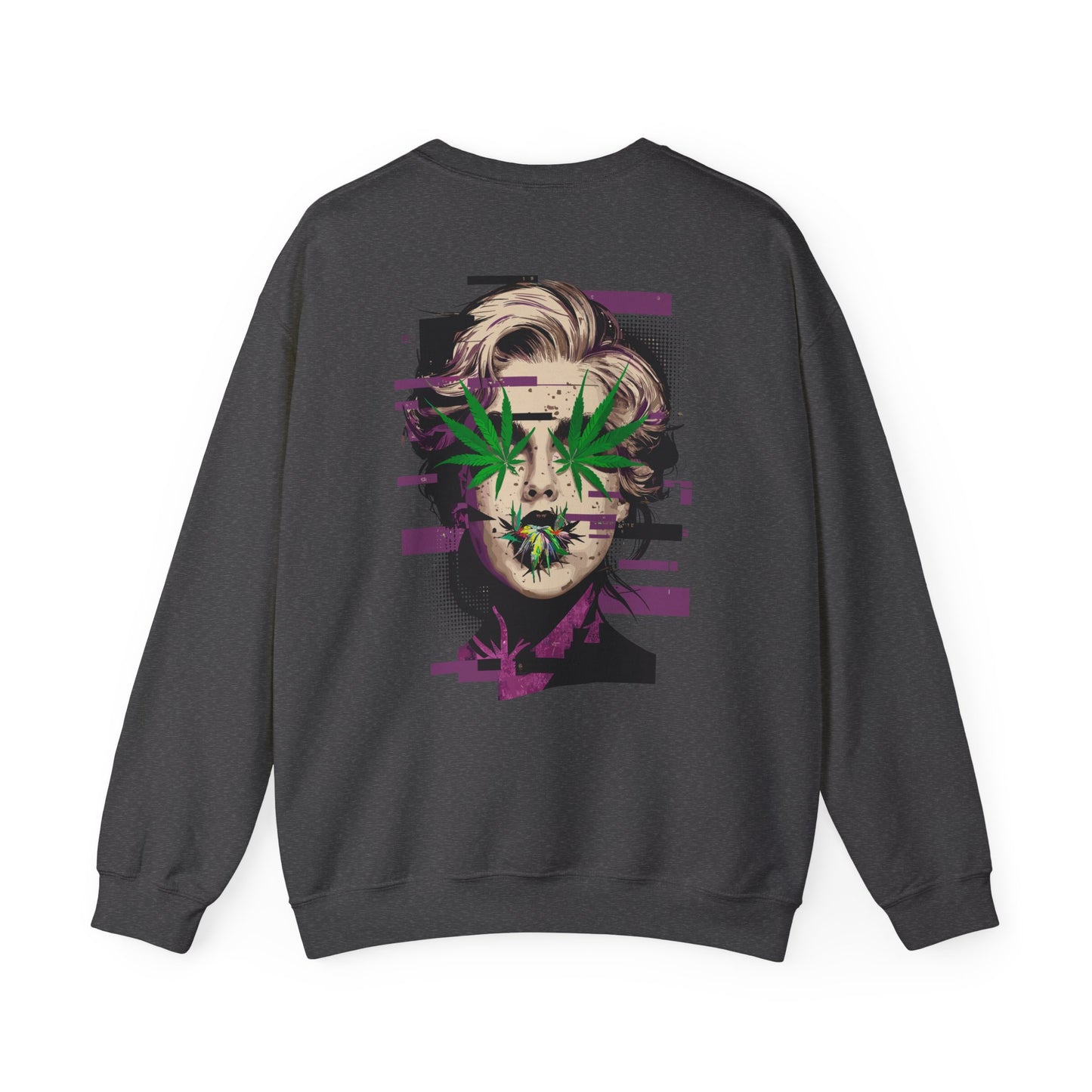Vintage Portrait Sweatshirt — Glitch Art Face with Cannabis Leaf Mask
