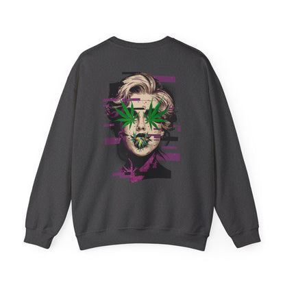 Vintage Portrait Sweatshirt — Glitch Art Face with Cannabis Leaf Mask
