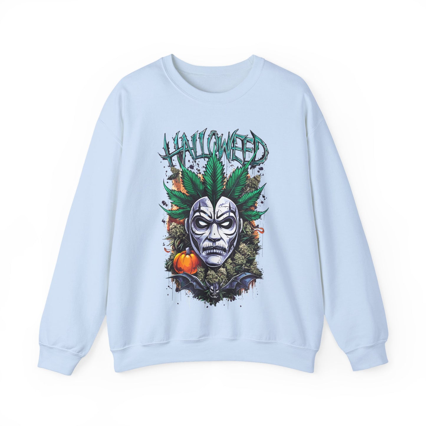 Hallowed Harvest — Halloween Mask & Pumpkin Graphic Sweatshirt