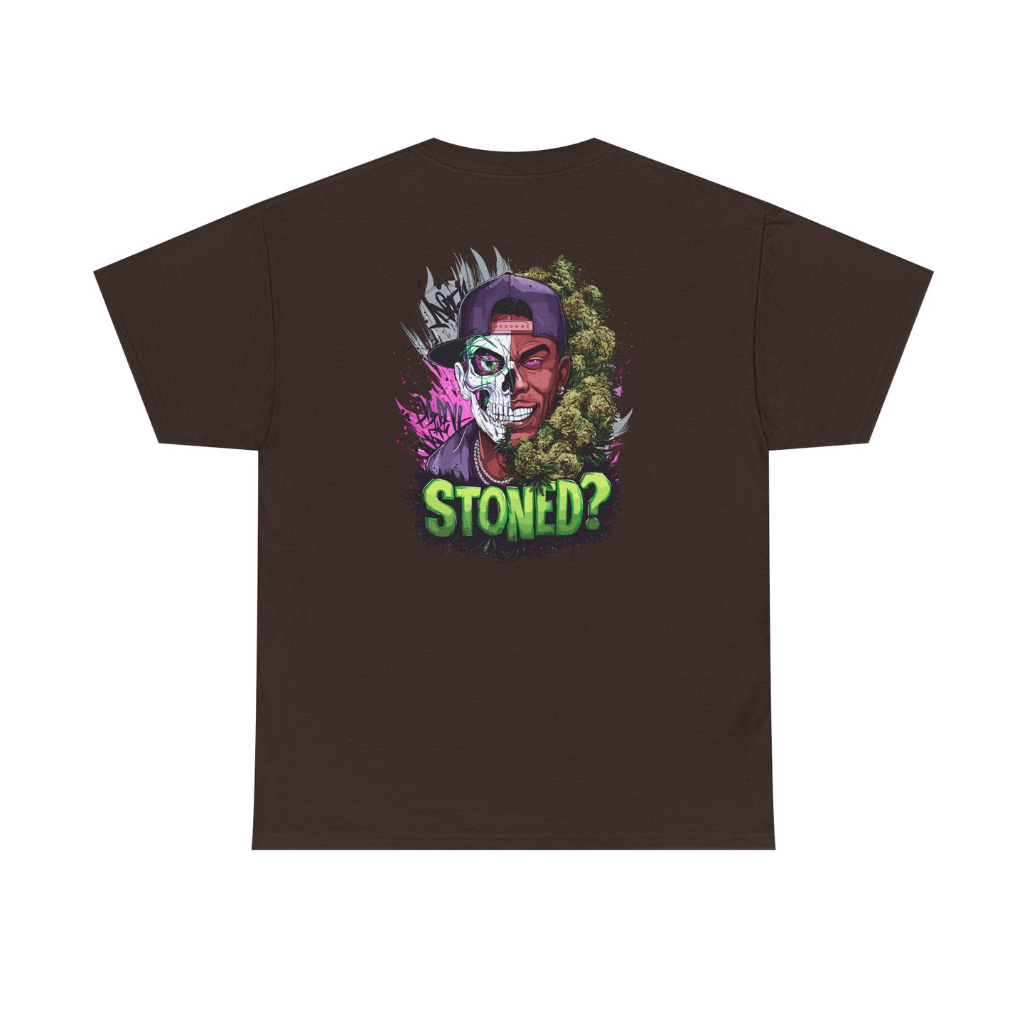T-Shirt — 'Stoned?' Skull Face Graphic Tee for Cannabis Lovers