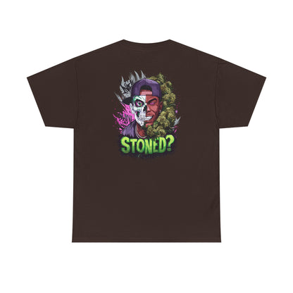T-Shirt — 'Stoned?' Skull Face Graphic Tee for Cannabis Lovers