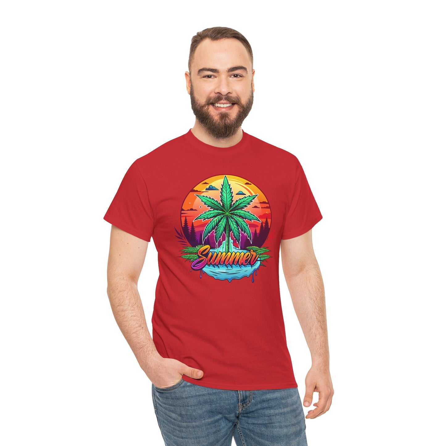 Summer Cannabis Leaf T-Shirt – Retro Tropical Sunset Tee