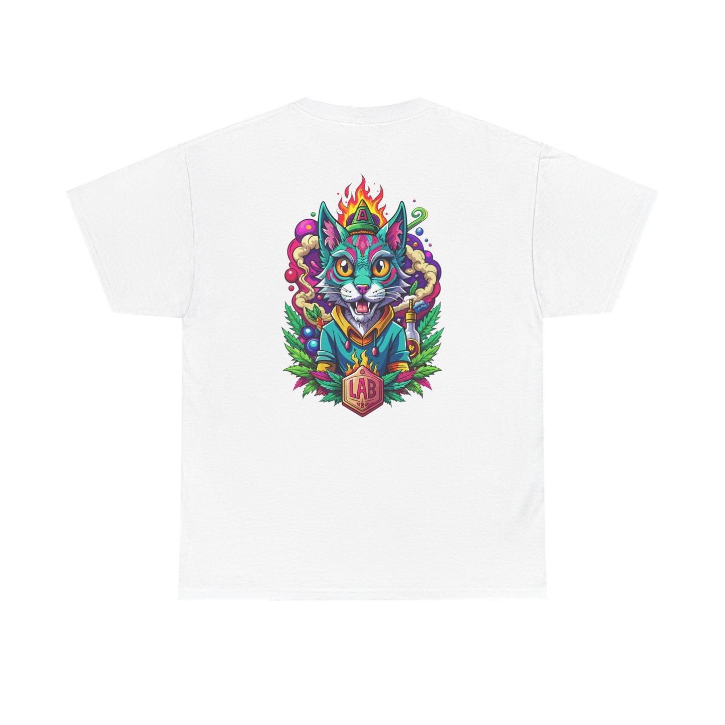 Psychedelic Flame Cat Graphic Tee — Colorful Trippy Cat Design