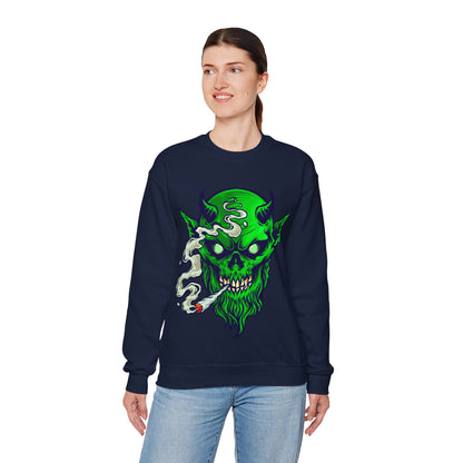Smoking Green Demon Skull Sweatshirt — Creepy Stoner Graphic