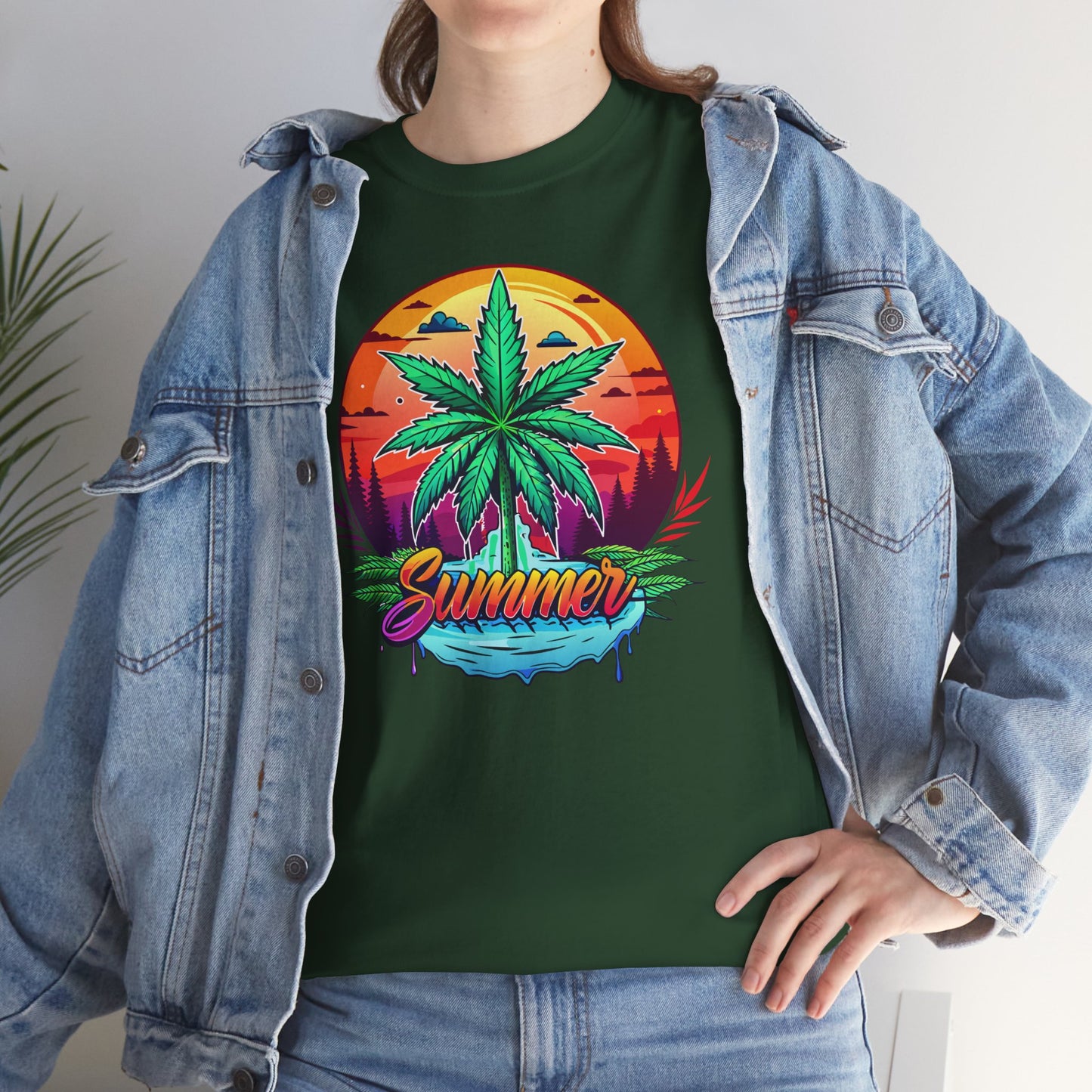 Summer Cannabis Leaf T-Shirt – Retro Tropical Sunset Tee