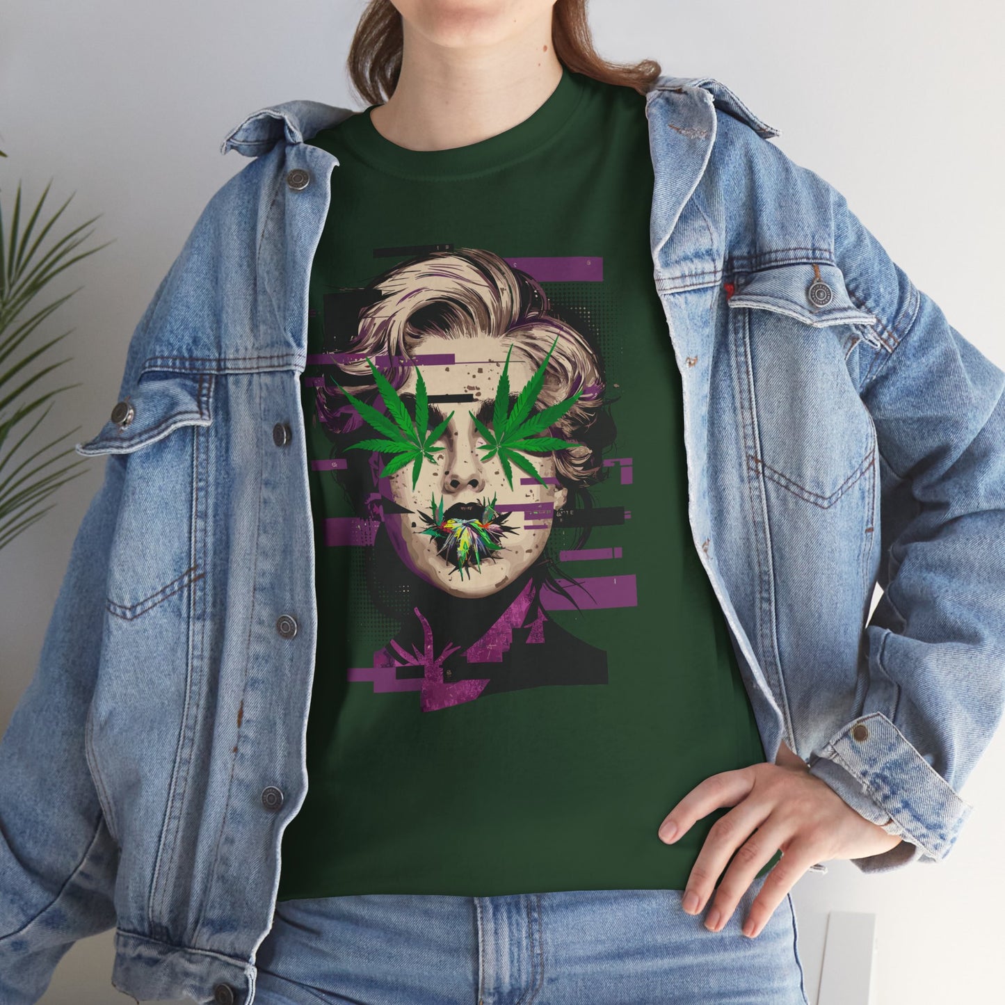 Vintage Portrait Tee — Glitch Art Face with Cannabis Leaf Mask
