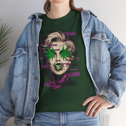 Vintage Portrait Tee — Glitch Art Face with Cannabis Leaf Mask