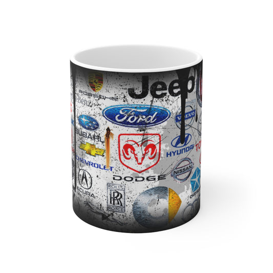 Car Enthusiast Ceramic Coffee Cups - 11oz & 15oz with Automotive Logos Design