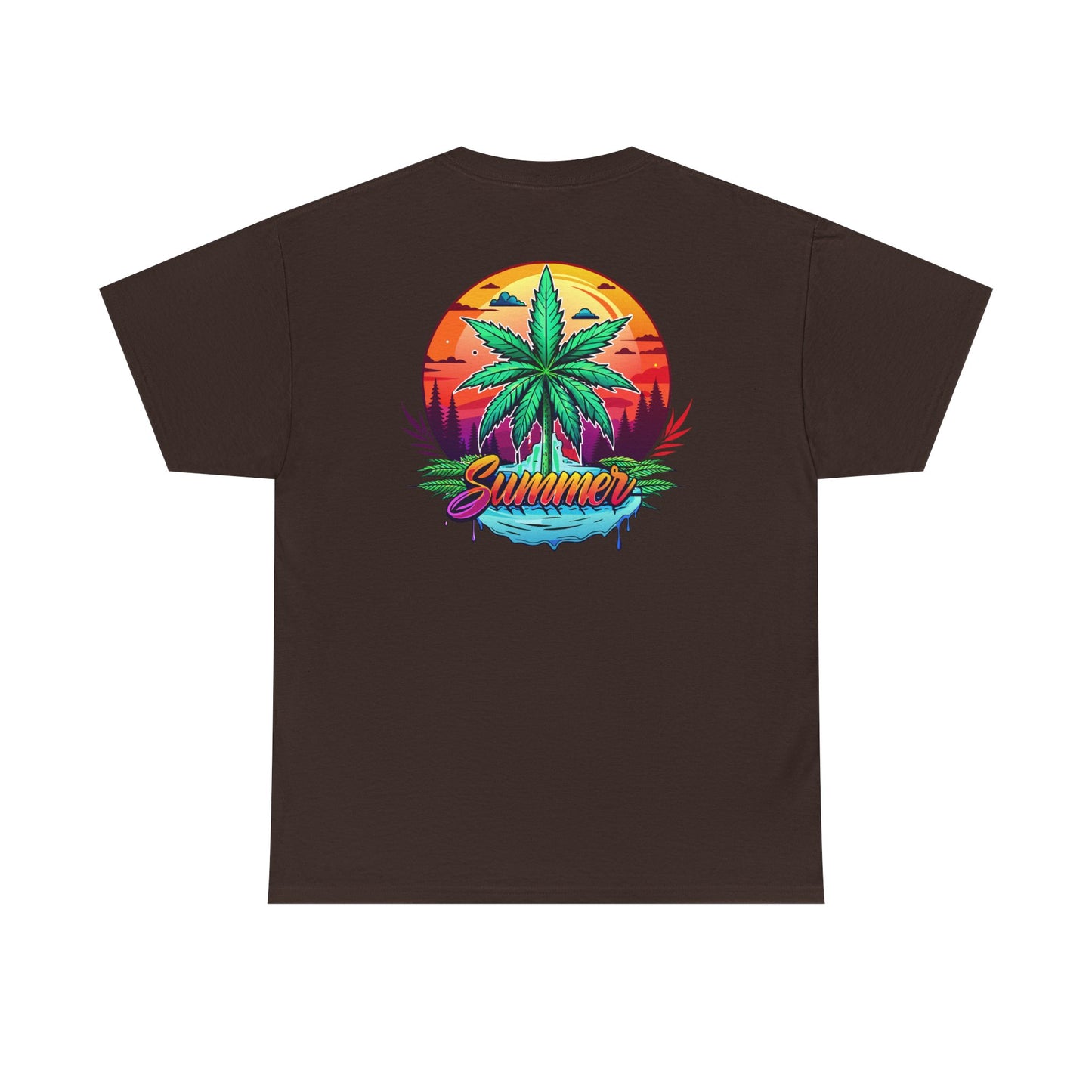Summer Cannabis Leaf T-Shirt – Retro Tropical Sunset Tee Both