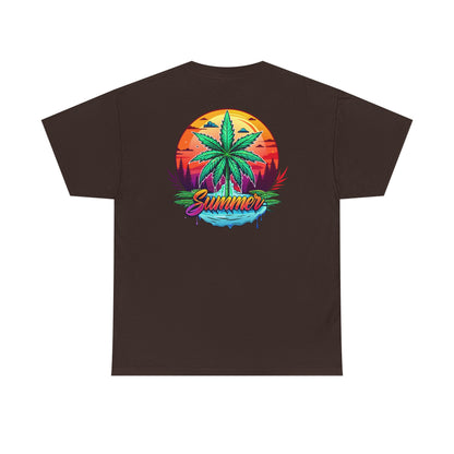 Summer Cannabis Leaf T-Shirt – Retro Tropical Sunset Tee Both