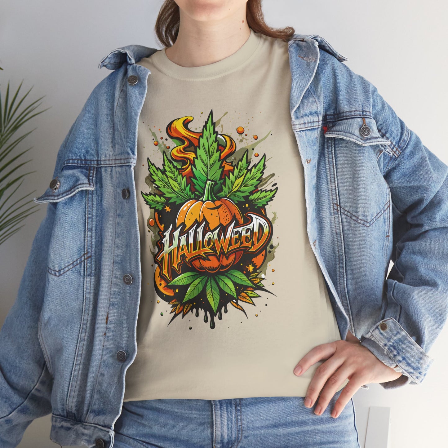 Halloween Pumpkin Graphic Tee — 'Halloween' Pumpkin & Leaves Illustration