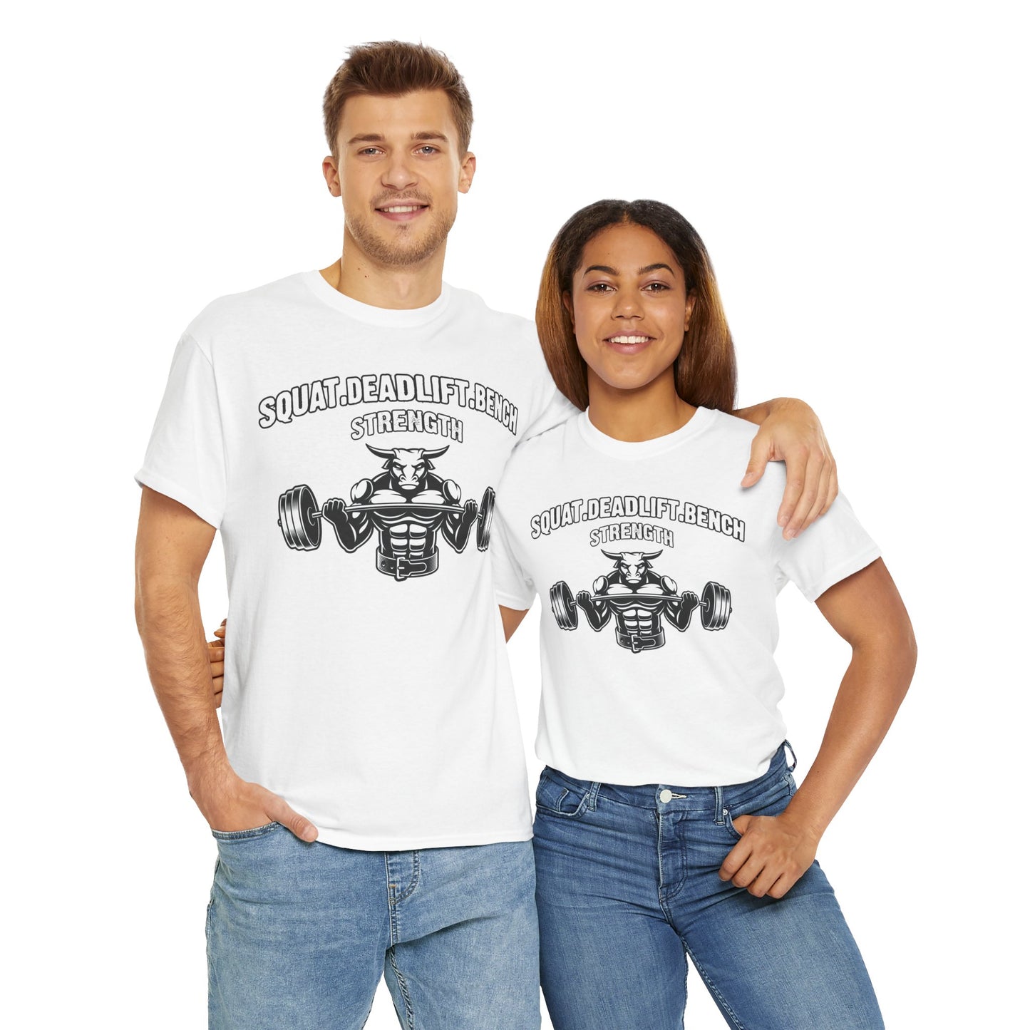 Strength Training Unisex Heavy Cotton Tee - Squat, Deadlift, Bench Design