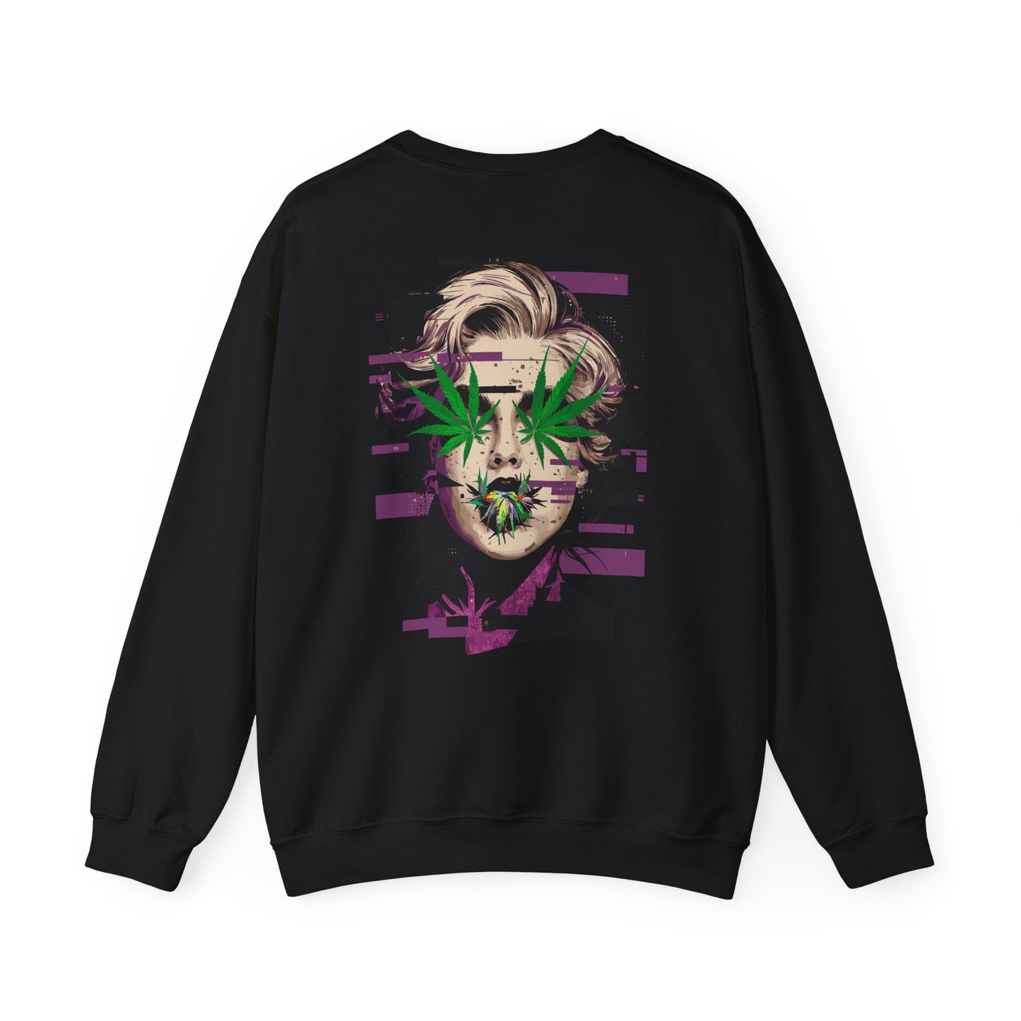 Vintage Portrait Sweatshirt — Glitch Art Face with Cannabis Leaf Mask