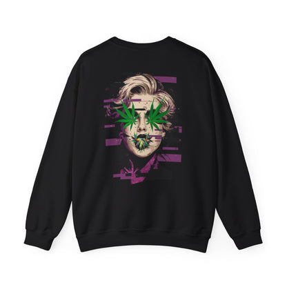 Vintage Portrait Sweatshirt — Glitch Art Face with Cannabis Leaf Mask