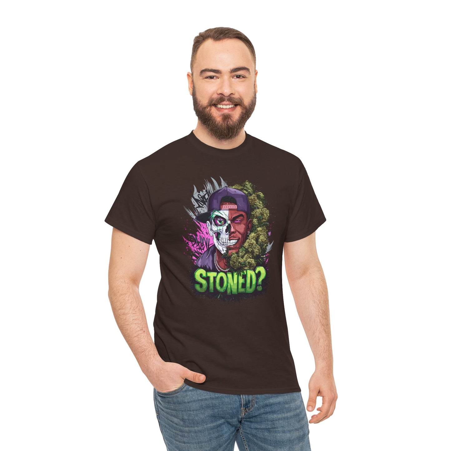 T-Shirt — 'Stoned?' Skull Face Graphic Tee for Cannabis Lovers