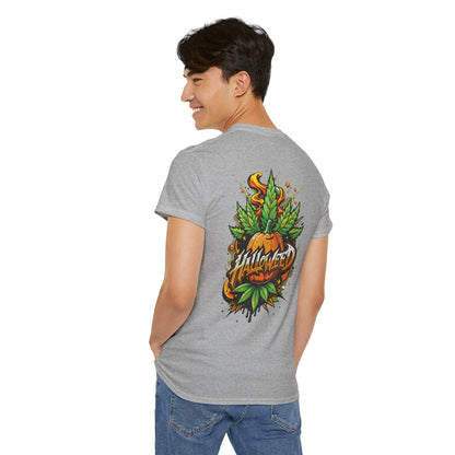 Hallowed Harvest Tee — Halloween Mask & Pumpkin Graphic T-Shirt