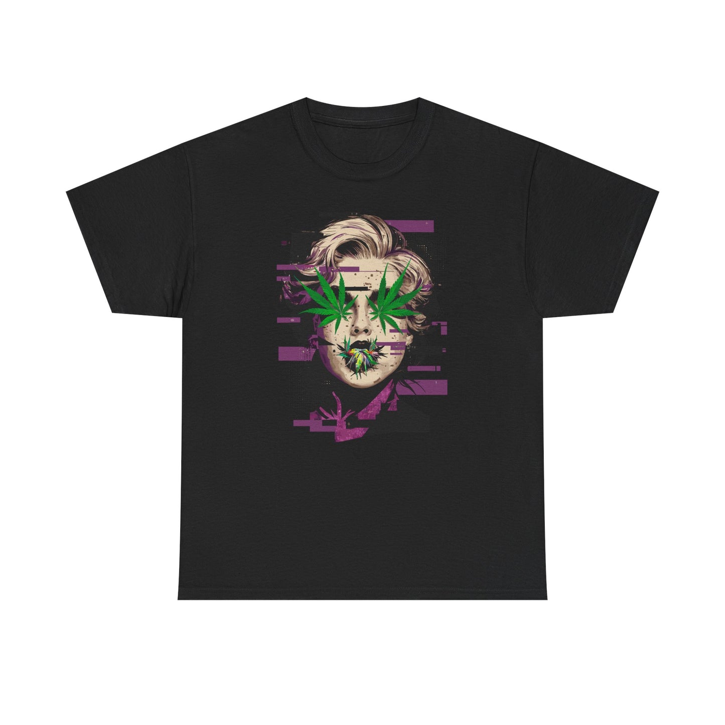 Vintage Portrait Tee — Glitch Art Face with Cannabis Leaf Mask