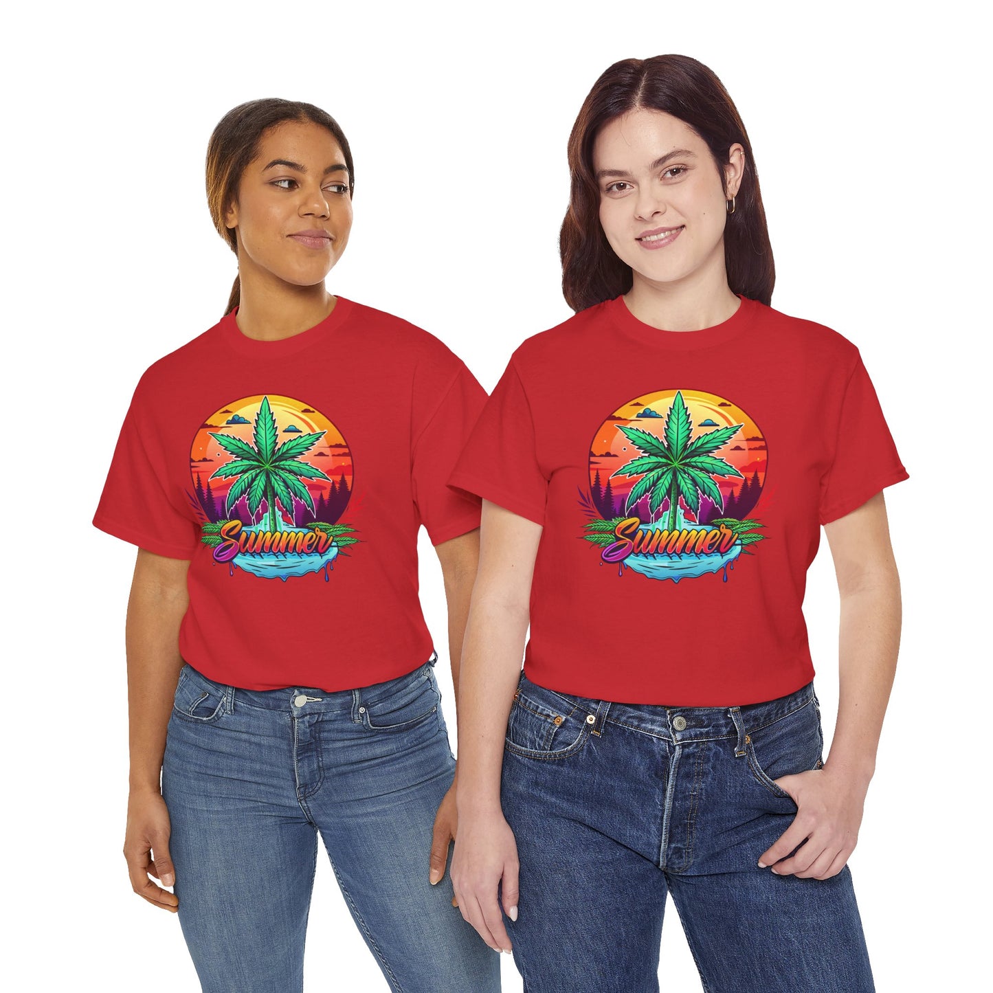 Summer Cannabis Leaf T-Shirt – Retro Tropical Sunset Tee Both