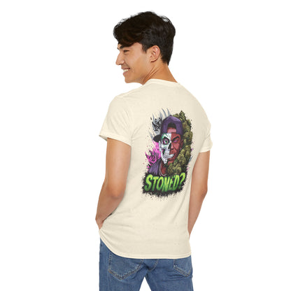 T-Shirt — 'Stoned?' Skull Face Graphic Tee for Cannabis Lovers
