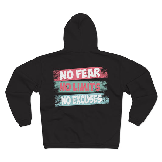 Motivational Unisex Hooded Zip Sweatshirt - No Fear, No Limits, No Excuses