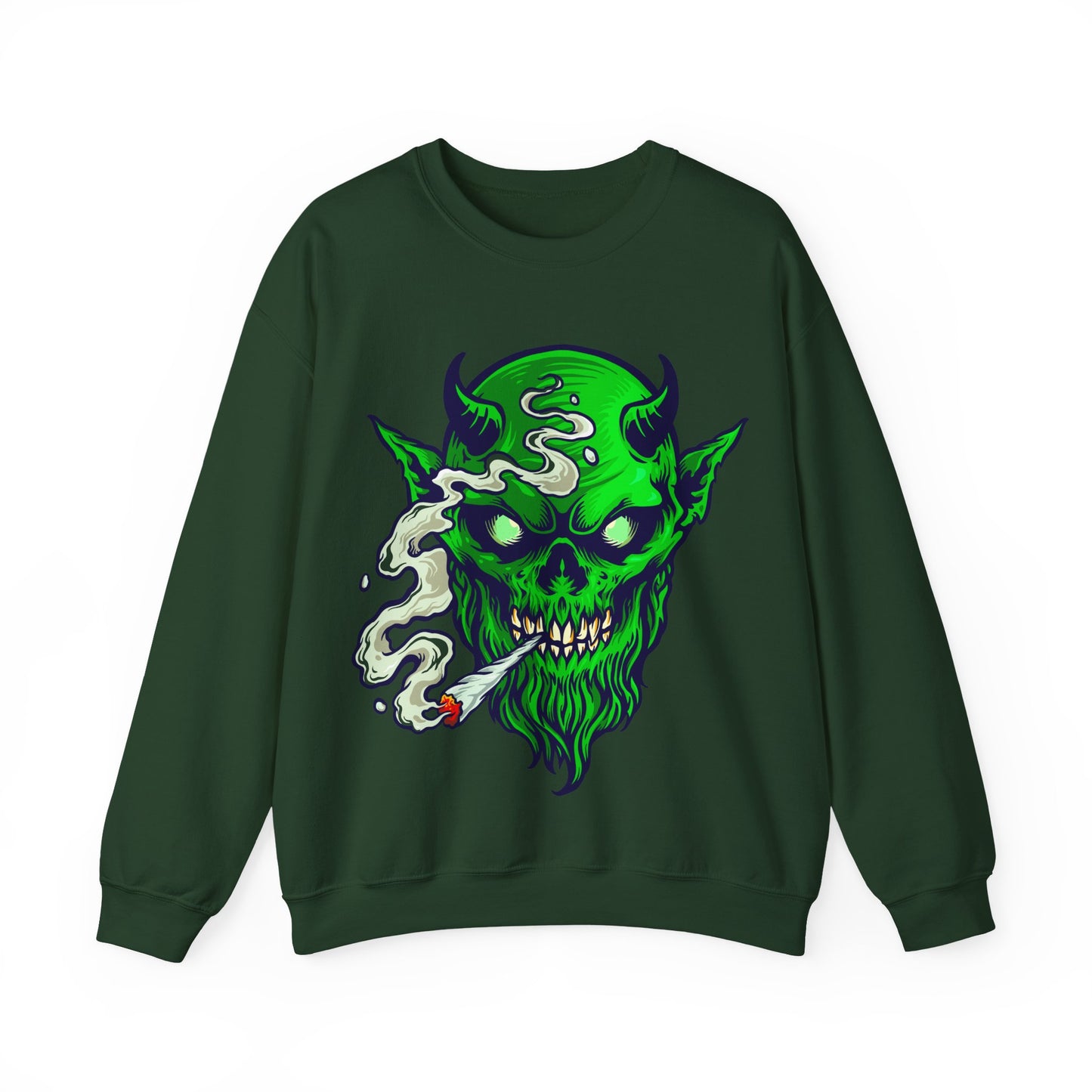 Smoking Green Demon Skull Sweatshirt — Creepy Stoner Graphic