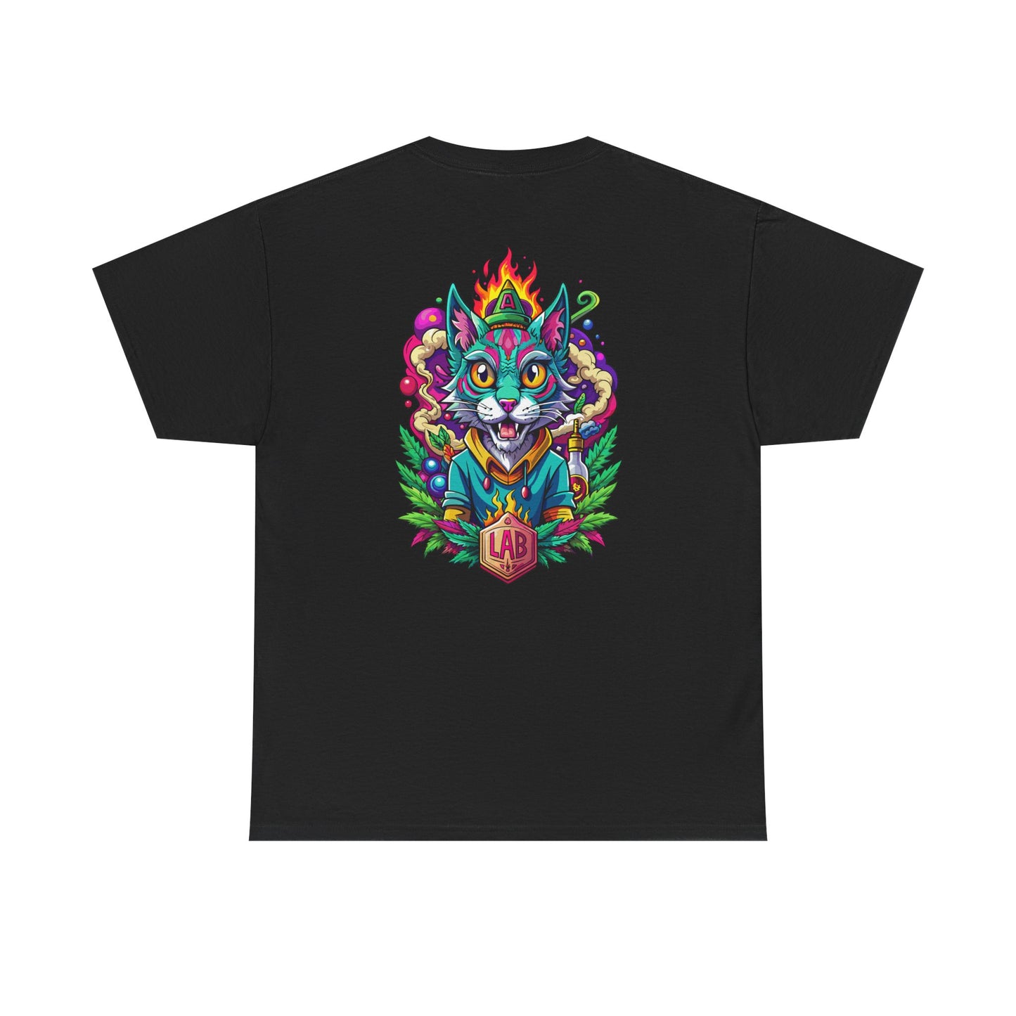 Psychedelic Flame Cat Graphic Tee — Colorful Trippy Cat Design