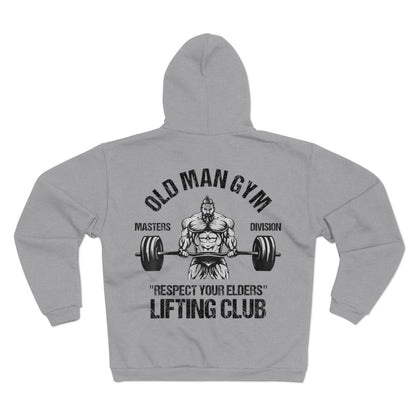 Old Man Gym Unisex Hooded Zip Sweatshirt - Respect Your Elders Lifting Club Hoodie